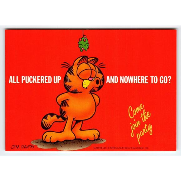 Garfield Cat Christmas Party Postcard All Puckered Up Kiss Jim Davis 1978 Tabby - Picture 1 of 2